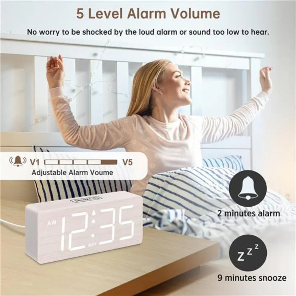 Wooden digital alarm clock large numbers loud alarm dimmer bedside plug in desk